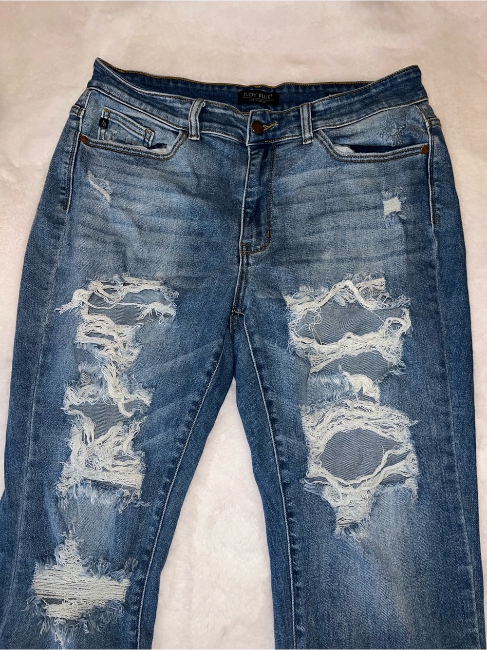 Judy Blue Light-Medium Blue Distressed Boyfriend Jeans